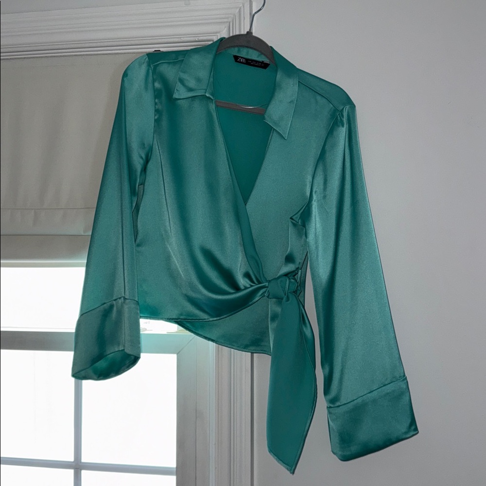 Zara Women's Teal Wrap Blouse - Picture 4 of 7